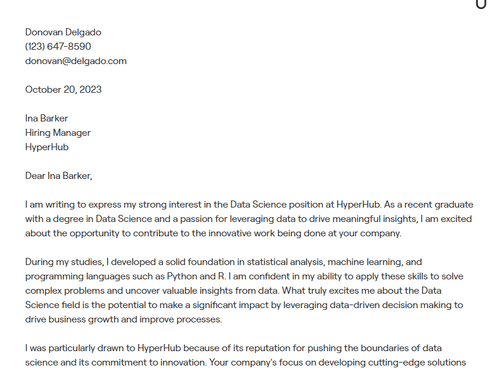 Data Scientist cover letter