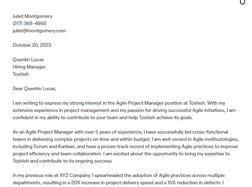 Project Manager cover letter